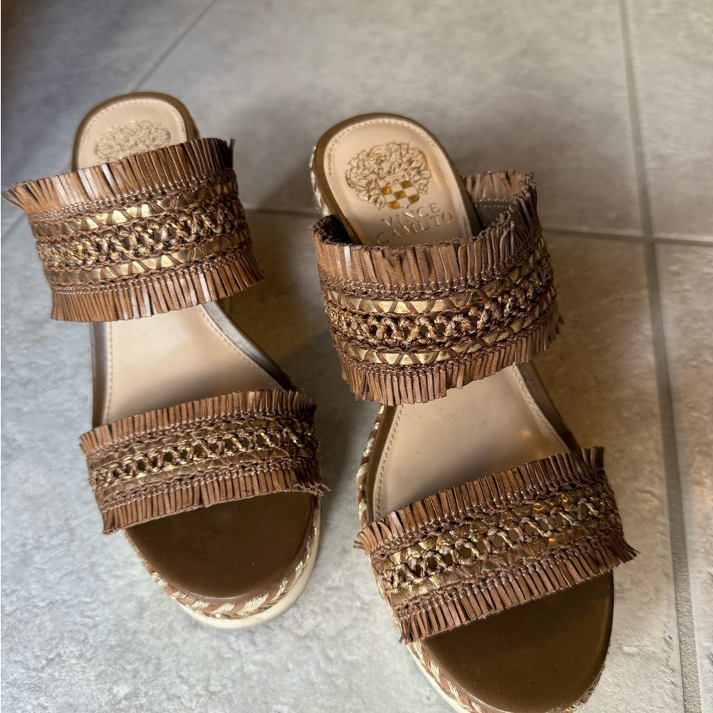 Vince Camuto Brown Woven Slide Sandals